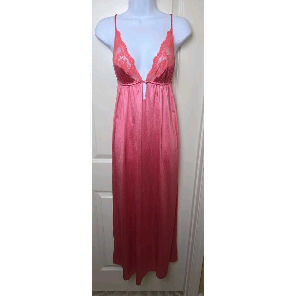 Vtg 1970s 80s Long Nightgown Coral Pink Nylon Lace Keyhole Empire Plunge Size XS